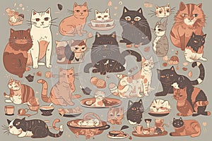 Cute kitty cat vector illustration set with different cat breeds