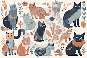 Cute kitty cat vector illustration set with different cat breeds