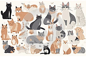 Cute kitty cat vector illustration set with different cat breeds