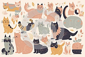 Cute kitty cat vector illustration set with different cat breeds