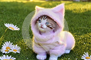 Cute kitty in costume on green lawn with daisies at sunset. Little cat in clothes on green grass with wild flowers