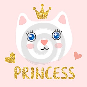 Cute kitty face with a crown and inscription princess