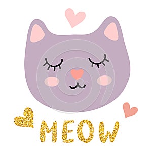 Cute kitty face with inscription meow