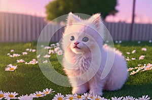 Cute kitty on green lawn with daisies at sunset. Little cat on green grass with wild flowers, chamomile. Generative AI.