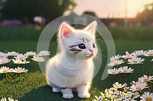 Cute kitty on green lawn with daisies at sunset. Little cat on green grass with wild flowers, chamomile. Generative AI.