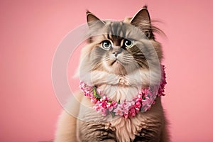 A cute kitty with a Hawaiian lei garland on necklace on pink background with copy space. Generative AI