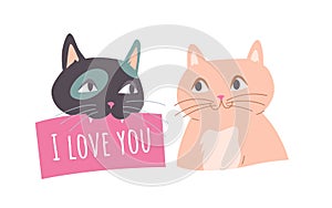 Cute kitty holding sign I love you in teeth, two cats for Valentines Day greeting card