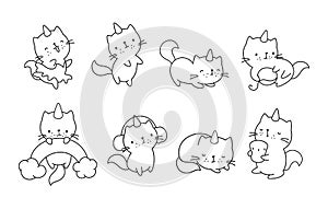 Cute kitty with horn, caticorn line coloring set. Funny magic cats, happy kittens stickers. Childish vector characters