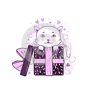 A cute kitty jumping out of gift box - surprise, present, vector greeting card. Bow, wrap, pink confetti and hearts.