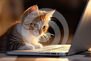 Cute kitty at laptop computer. Small cat looking at the screen of laptop computer at home. Remote working, online