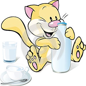 Cute kitty with milk on white