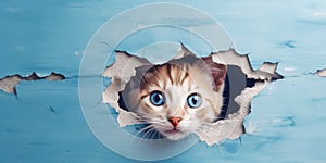 Cute Kitty peeking out of a hole in wall, torn hole, empty copy space frame, mockup. Generative AI weber.