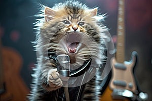 cute kitty singing glam metal on stage photo