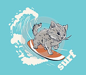 Cute Kitty surfer cool summer t-shirt print. Cat ride surfboard on big wave