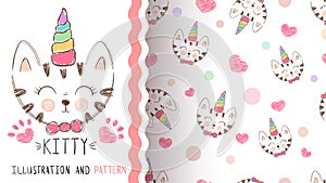 Cute kitty, unicorn - seamless pattern