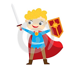 Cute Knight boy. Cartoon kid with shield and sword