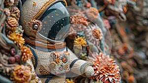 cute knitted astronaut on a fantastic cozy flower planet, concept for Cosmonautics Day, astronomy, banner