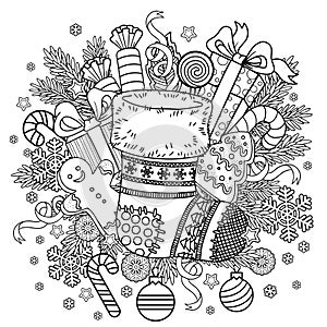 Cute knitted Christmas sock with sweet gifts from Santa Claus. Vector mandala coloring page for adults. Page for coloring book and