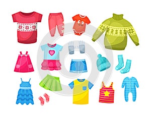 Cute knitted warm winter clothing and summer baby clothes. Christmas sweaters with festive winter year ornaments.