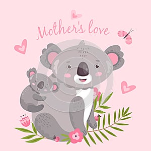 Cute koala. Animal mom hugging baby. Australia forest koalas hugs. Cute childish artwork, tendernesses cartoon print