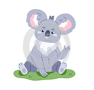 Cute koala, Australian bear. Happy baby character welcoming with greeting gesture, waving with paw, saying hi, sitting