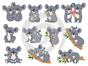 Cute koala and baby. Cartoon little koalas with moms. Australian bear loving couple hug. Baby shower party. Nature