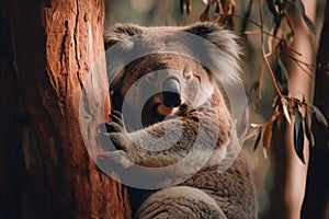 Cute koala bear on eucalyptus tree.