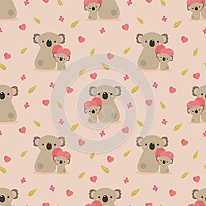 Cute koala bear and heart seamless pattern