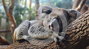 A cute koala bear sleeping peacefully on a tree branch