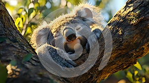 A cute koala bear sleeping soundly on a tree branch in a lush green forest