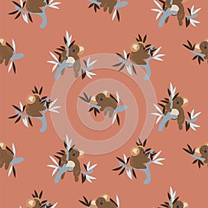 Cute koala bears on eucalyptus tree seamless vector pattern.