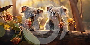 Cute Koala on branch of eucalyptus tree. Generative AI