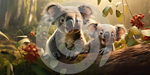 Cute Koala on branch of eucalyptus tree. Generative AI