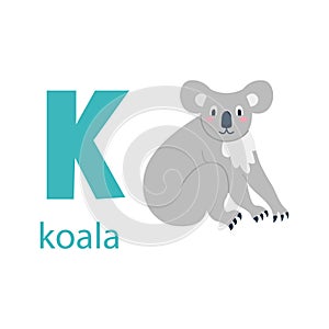 Cute koala card. Alphabet with animals. Colorful design for teaching children the alphabet, learning English. Vector