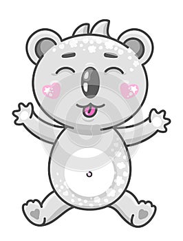 Cute koala cartoon vector illustration. Smiling baby animal koala in kawaii style isolated on white background.