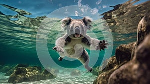 Cute Koala is diving above a big coral reef serendipity generative AI photo