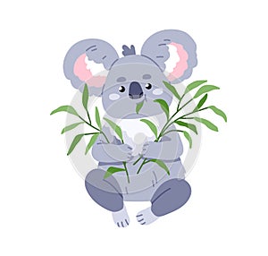 Cute koala eating leaf branch. Happy funny baby animal with green food. Adorable kawaii Australian bear with plant