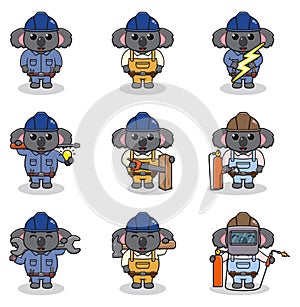 Cute Koala engineers workers, builders characters isolated cartoon illustration