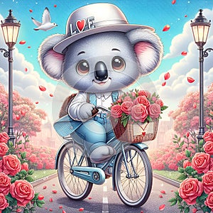 A cute koala in fashionable style, rides down a bicycle, in streets on a beautiful field of rose flowers, romance, cartoon