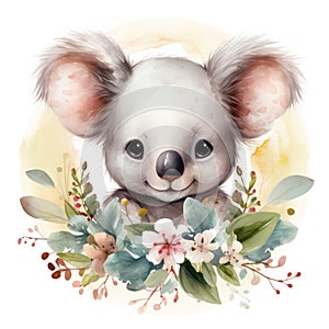 Cute koala with floral wreath. Watercolor cartoon illustration.