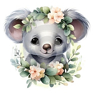 Cute koala with floral wreath. Watercolor cartoon illustration.