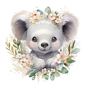 Cute koala with floral wreath. Watercolor cartoon illustration.