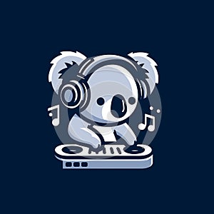Cute koala with headphones listening to dj music, kawaii vector logo illustration design template, generative ai
