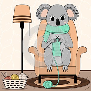 Cute koala knitter. Cartoon animal character sitting in the chair at home and knitting scarf. Flat  illustration