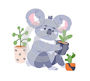 Cute koala with potted plants. Happy Australian bear with houseplants. Adorable baby animal, kawaii friendly child