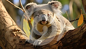 Cute koala sitting on branch, sleeping peacefully in nature generated by AI