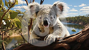 Cute koala sitting on a eucalyptus tree, looking at camera generated by AI