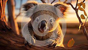 Cute koala sitting on eucalyptus tree, looking at camera generated by AI
