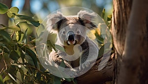 Cute koala sitting on eucalyptus tree, looking at camera generated by AI