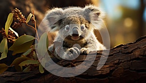 Cute koala sitting on eucalyptus tree, looking at camera peacefully generated by AI